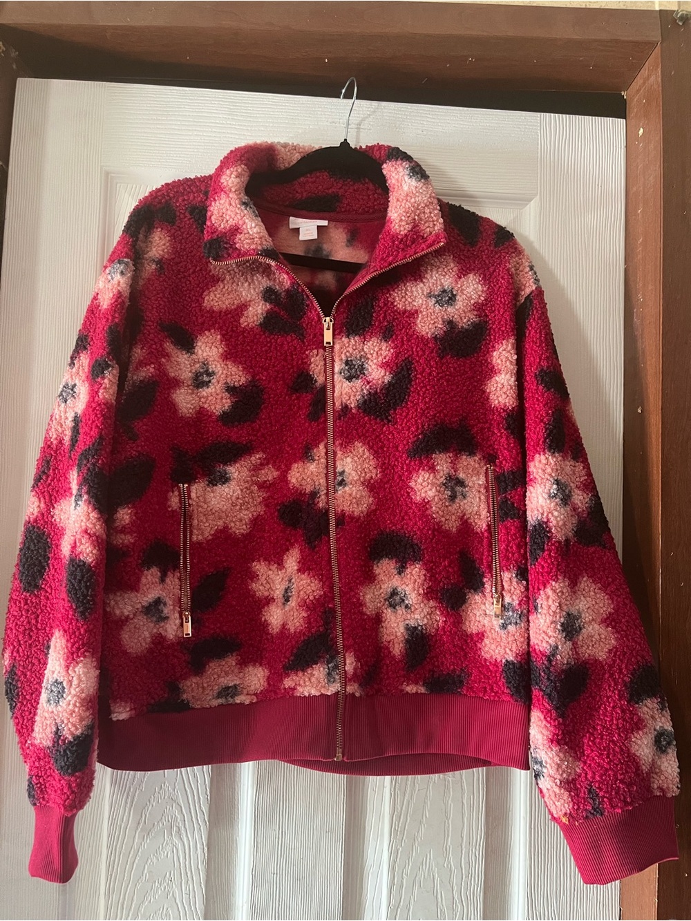 Lacey Chabert Collection Sangria Blooms Floral Sherpa Full Zip Jacket - XL